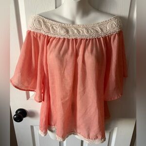Flying Tomato Off The Shoulder Women’s Sheer Peach Colored Top Lace Trim Size M